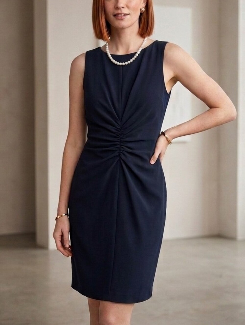 Black Sleeveless Midi Dress with Center Ruching Cocktail Hour Medium